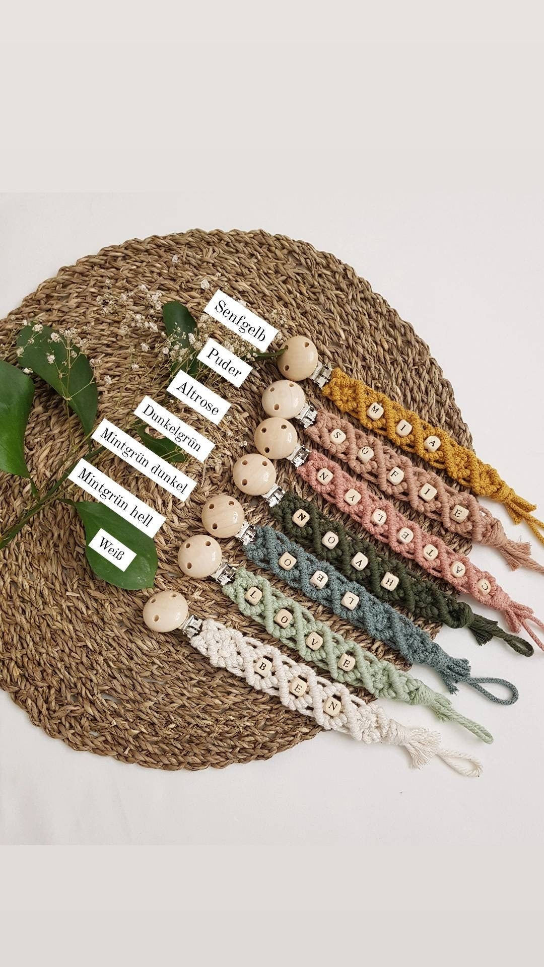 Makramee Schnullerkette öko tex Standard 100 zertifiziert. NATURPRODUKT Schnullerkette mit Namen Geschenk zur Geburt