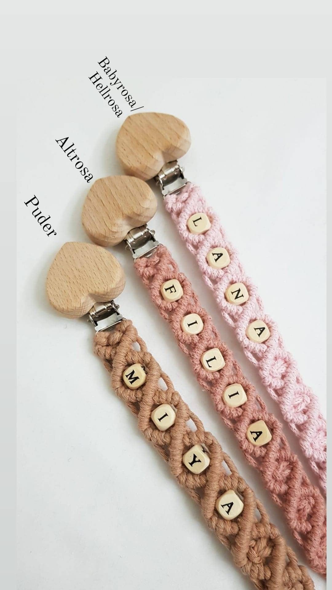 Makramee Schnullerkette öko tex Standard 100 zertifiziert. NATURPRODUKT Schnullerkette mit Namen Geschenk zur Geburt
