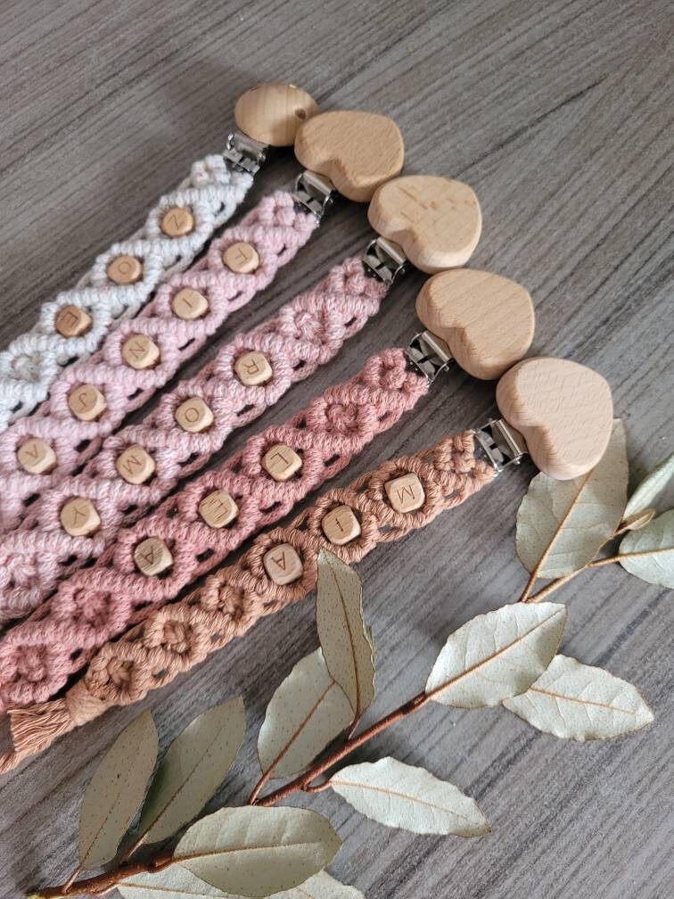 Vintageliebe® PREMIUM Makramee Schnullerkette öko tex Standard 100 zertifiziert. NATURPRODUKT Schnullerkette mit Namen Geschenk zur Geburt
