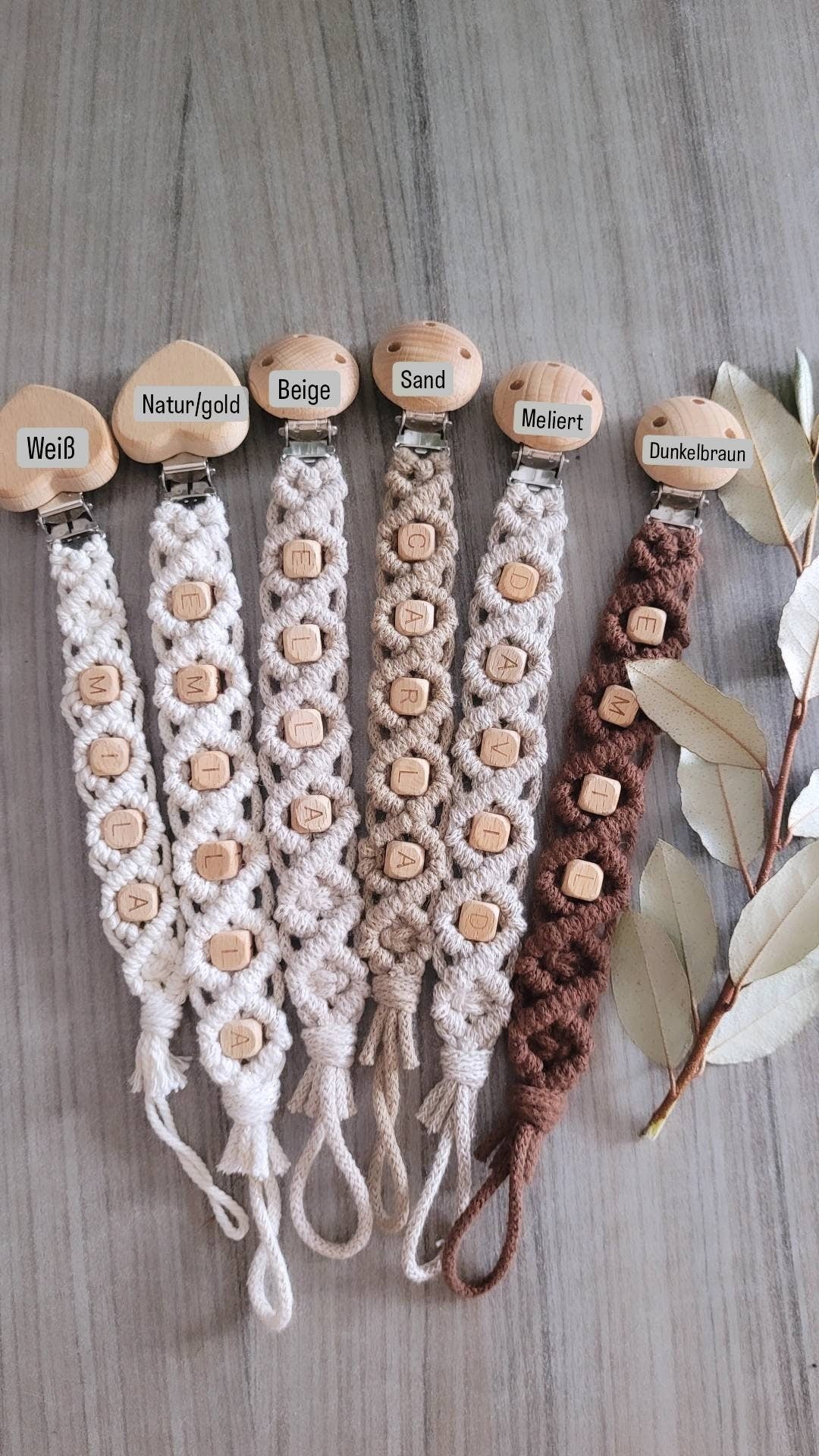 Vintageliebe® PREMIUM Makramee Schnullerkette öko tex Standard 100 zertifiziert. NATURPRODUKT Schnullerkette mit Namen Geschenk zur Geburt