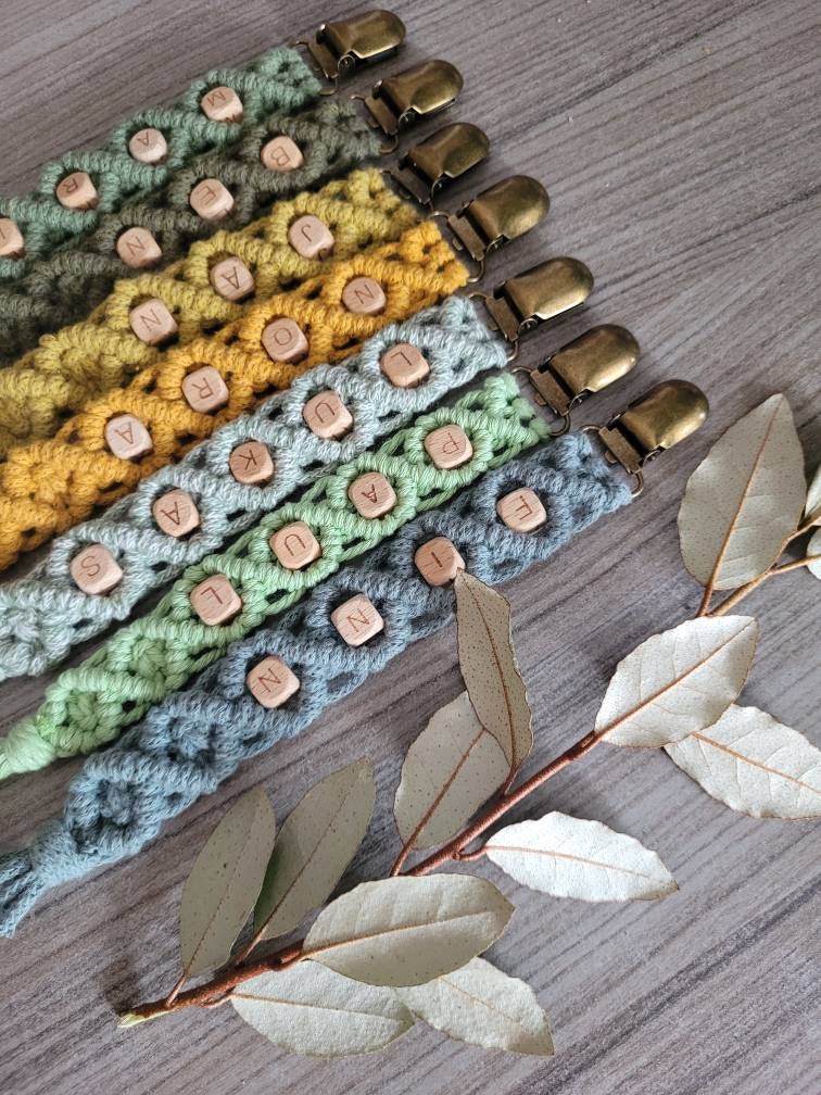 Vintageliebe® PREMIUM Makramee Schnullerkette öko tex Standard 100 zertifiziert. NATURPRODUKT Schnullerkette mit Namen Geschenk zur Geburt