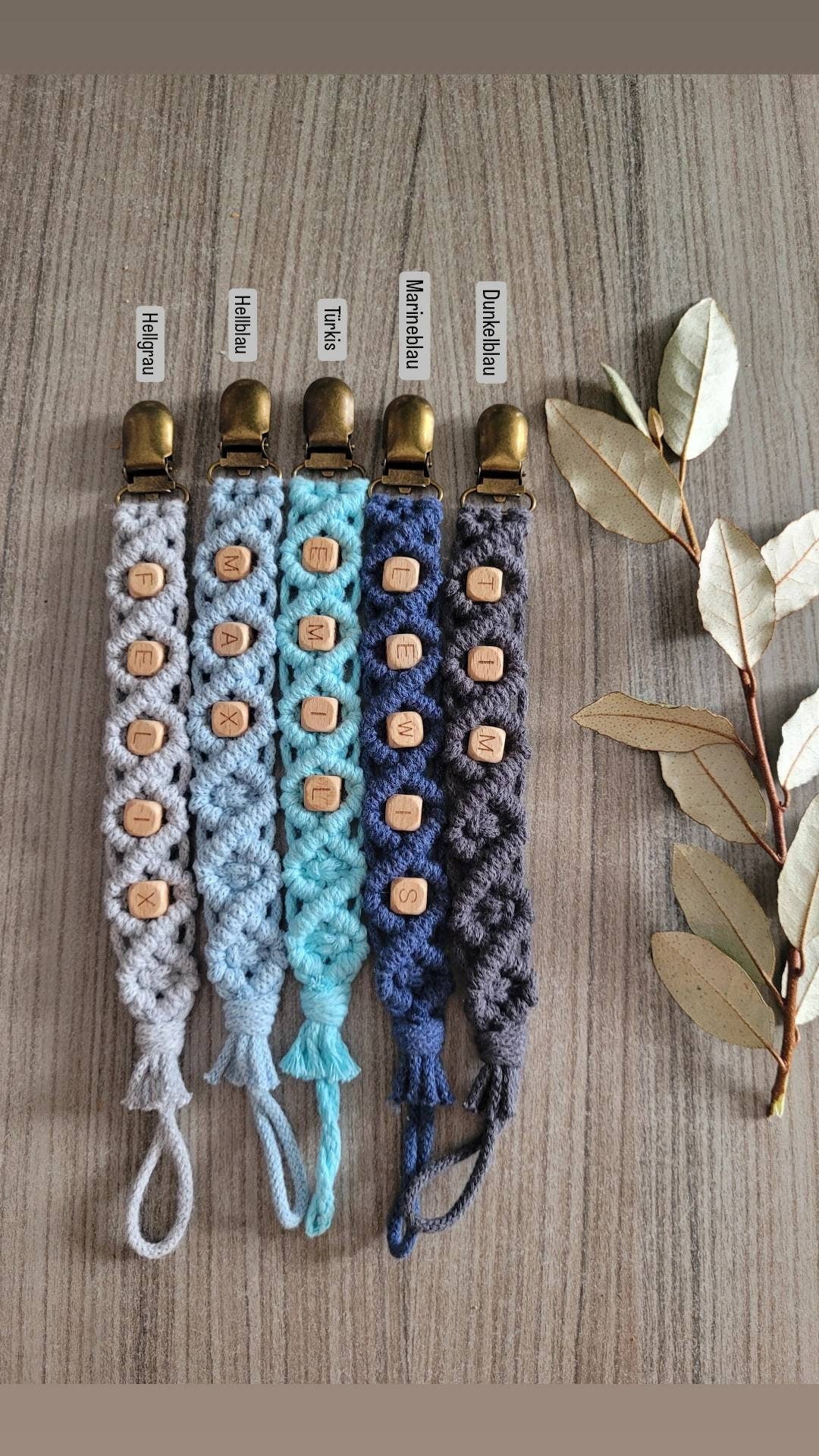Vintageliebe® PREMIUM Makramee Schnullerkette öko tex Standard 100 zertifiziert. NATURPRODUKT Schnullerkette mit Namen Geschenk zur Geburt