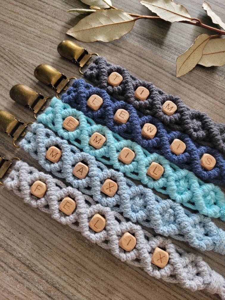 Vintageliebe® PREMIUM Makramee Schnullerkette öko tex Standard 100 zertifiziert. NATURPRODUKT Schnullerkette mit Namen Geschenk zur Geburt
