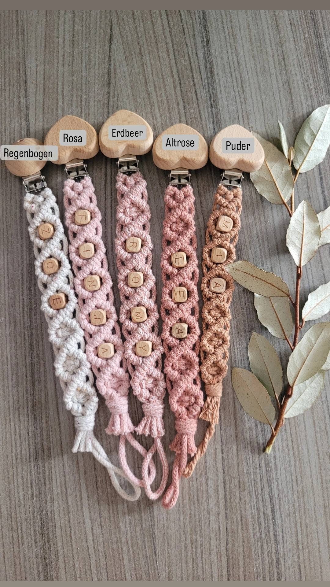 Vintageliebe® PREMIUM Makramee Schnullerkette öko tex Standard 100 zertifiziert. NATURPRODUKT Schnullerkette mit Namen Geschenk zur Geburt