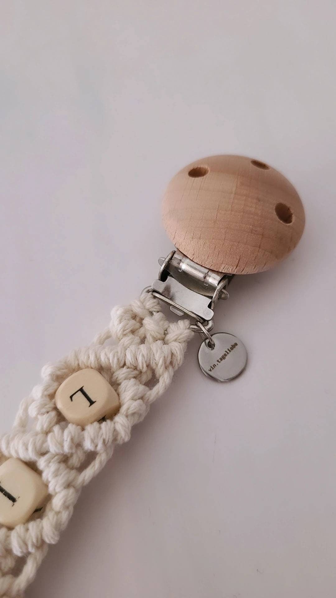 Makramee Schnullerkette öko tex Standard 100 zertifiziert. NATURPRODUKT Schnullerkette mit Namen Geschenk zur Geburt