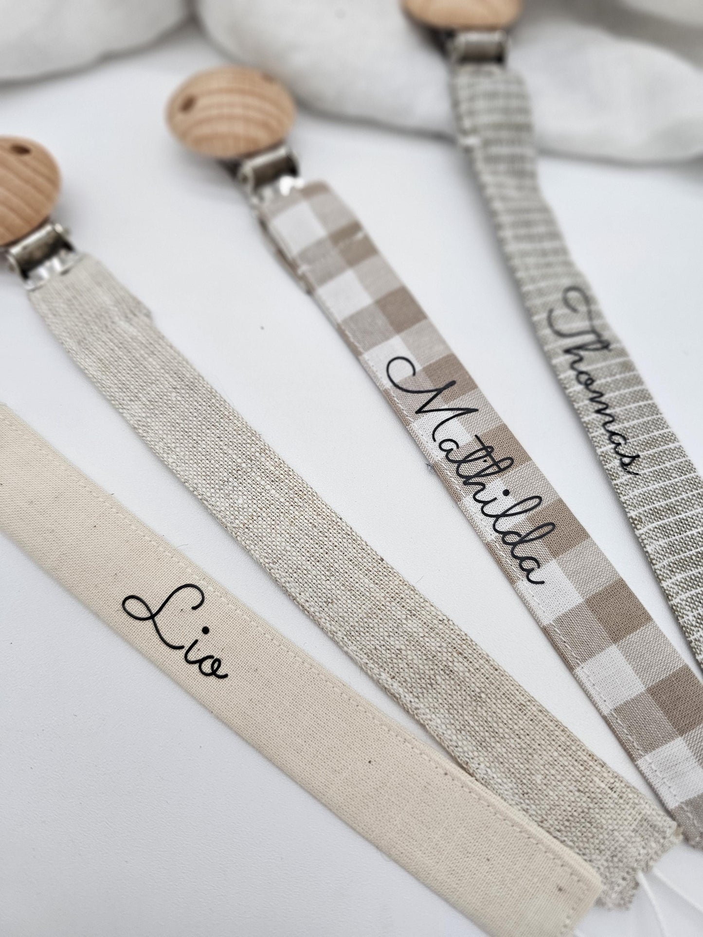 Vintageliebe® | Schnullerkette öko tex Standard 100 zertifiziert aus Baumwolle/ Leinen | Schlichte & elegante Schnullerkette mit Namen