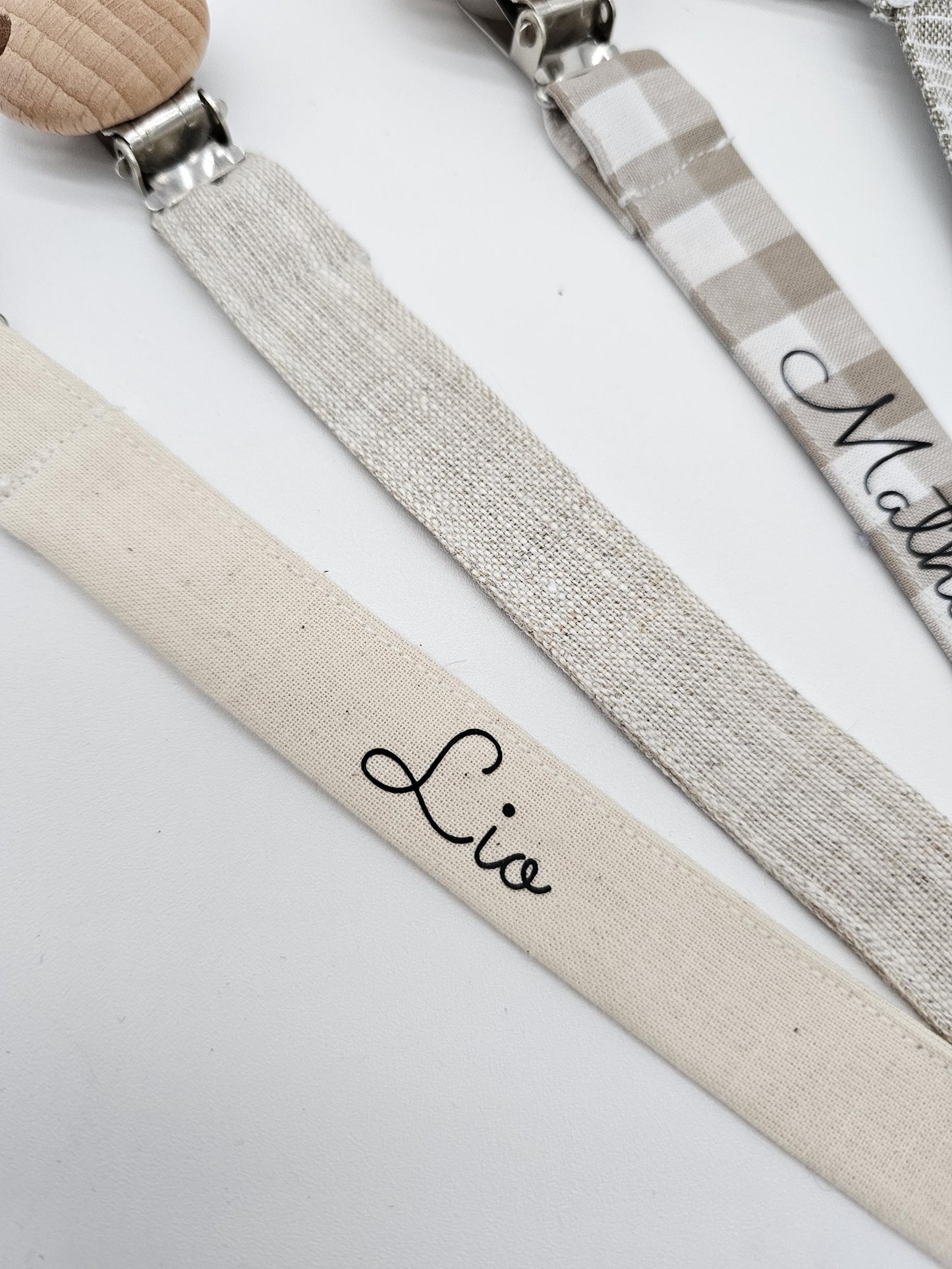 Vintageliebe® | Schnullerkette öko tex Standard 100 zertifiziert aus Baumwolle/ Leinen | Schlichte & elegante Schnullerkette mit Namen