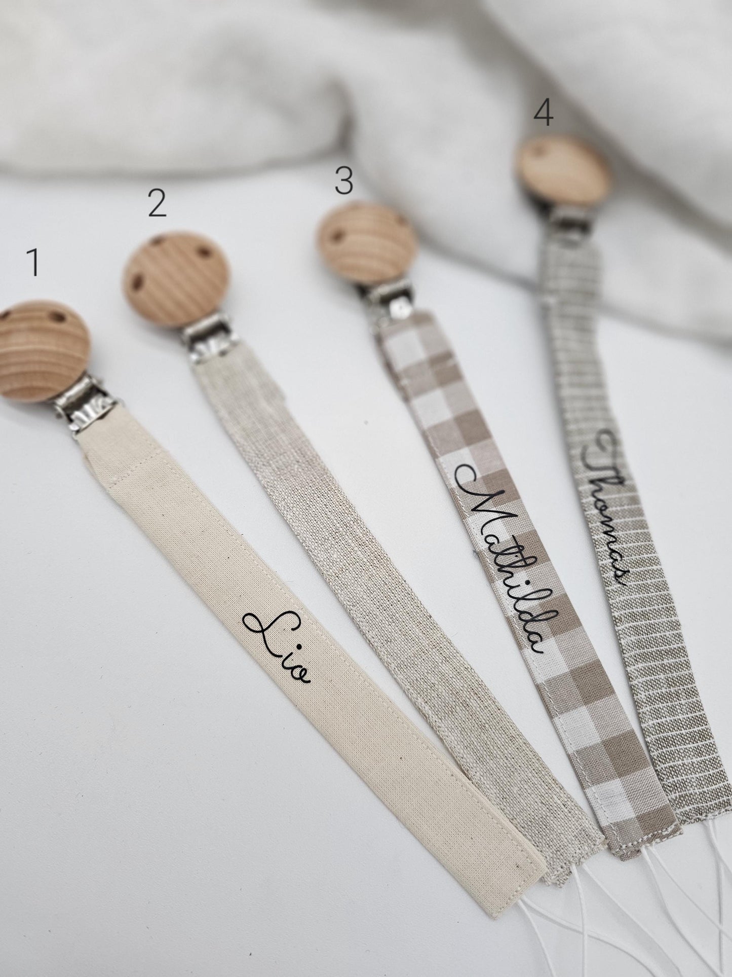 Vintageliebe® | Schnullerkette öko tex Standard 100 zertifiziert aus Baumwolle/ Leinen | Schlichte & elegante Schnullerkette mit Namen